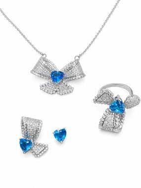 Silver Bow Necklace with Blue Heart Crystal Set